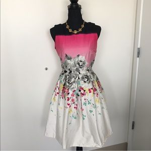 Floral Pleated Knee Length Exposed Zipper Dress